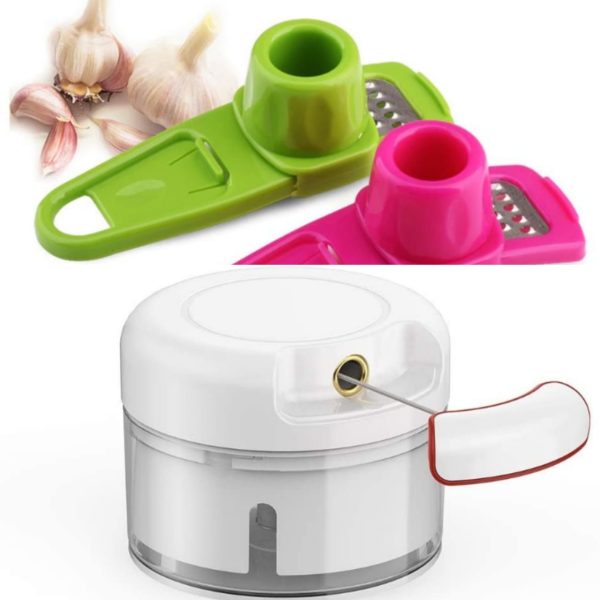 (pack Of 2 ) Combo Deal Garlic Tool + Mini Chopper Grinding Crusher Chopper Kitchen Gadget